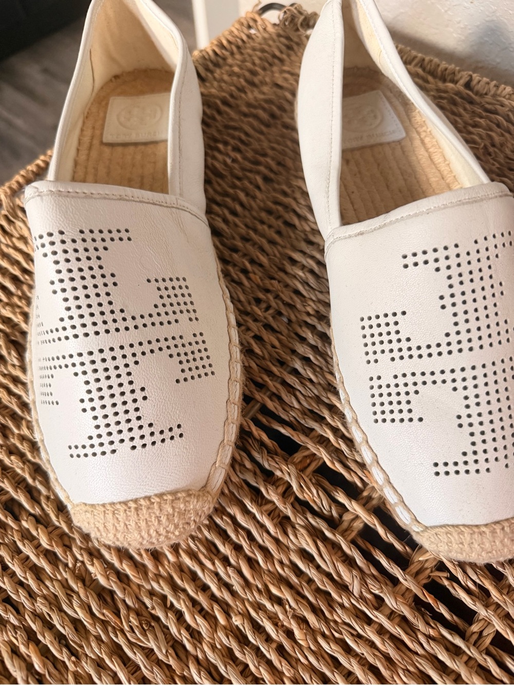 Tory Burch White Leather Logo Espadrille Flats Size 8.5